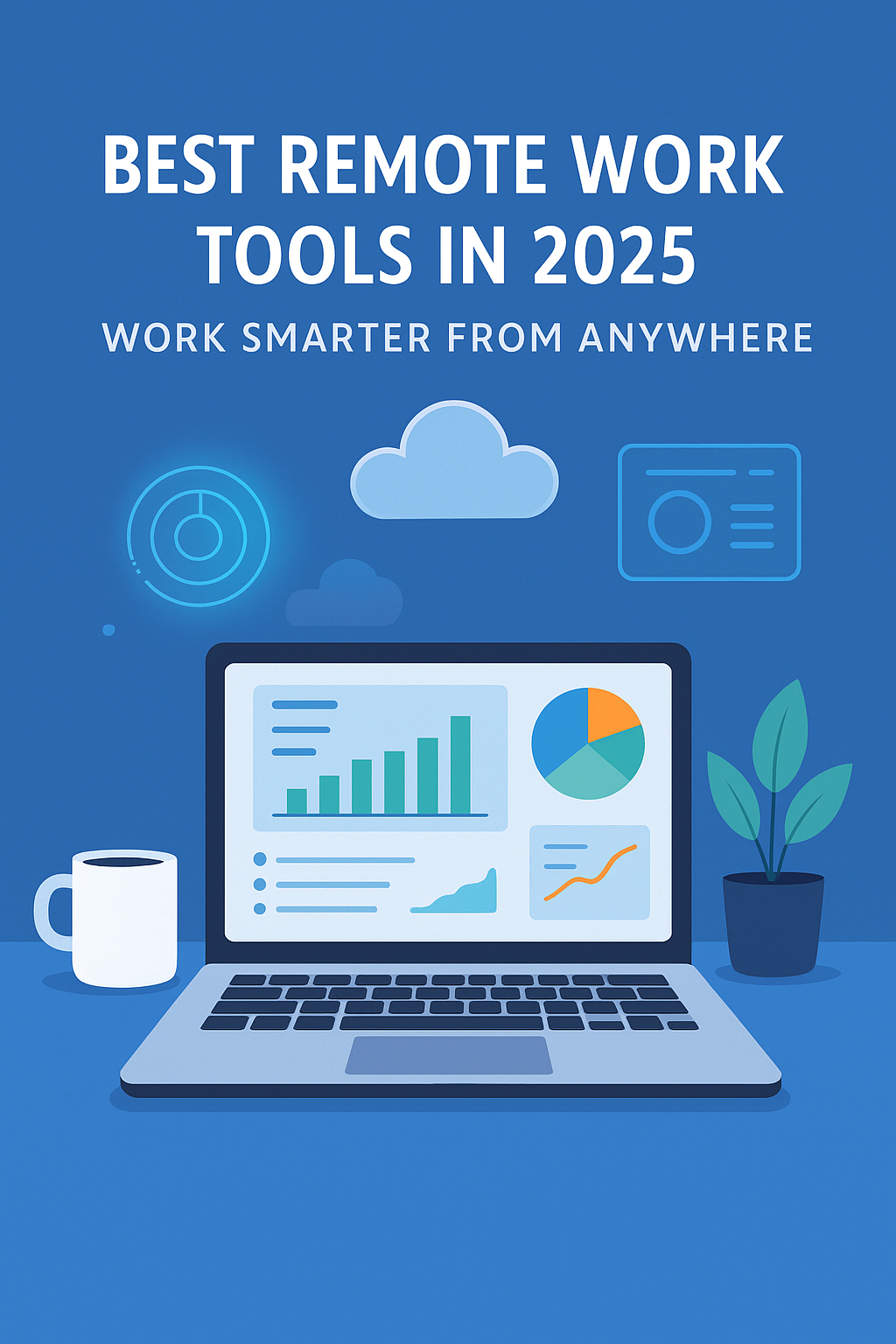 Featured image showing a modern digital workspace in 2025 with a laptop, coffee mug, plant, and holographic cloud icons representing remote work tools.”