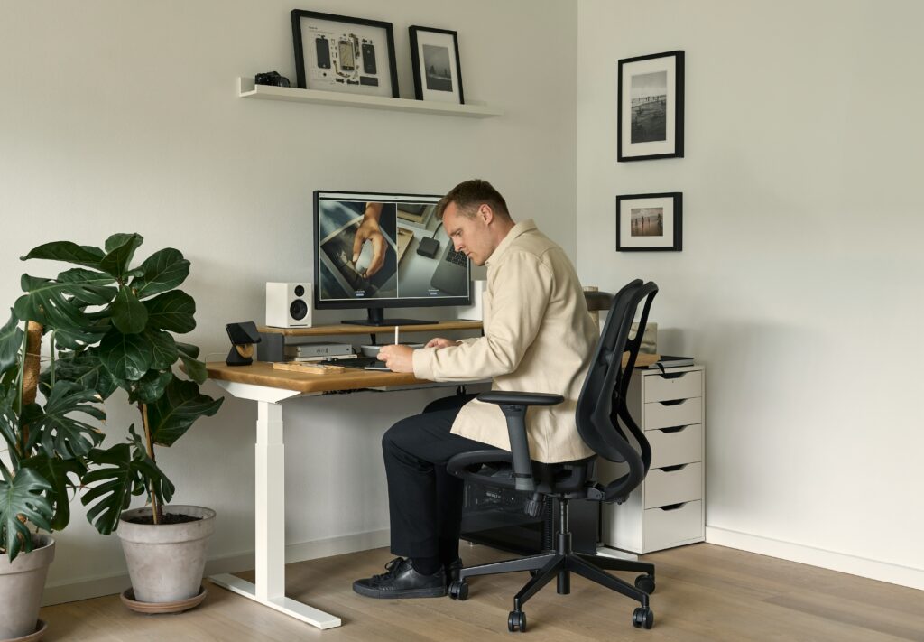 Remote worker at a minimalist home office staying productive.